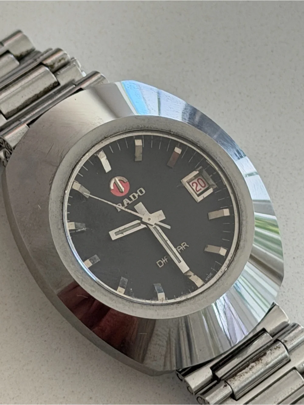 Rado Vintage Stainless Steel Watch with Black Dial and Red Logo